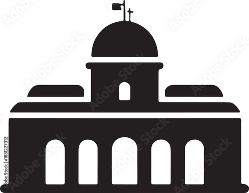 Black silhouette icon of classical government building structure featuring large dome and entrance arches
