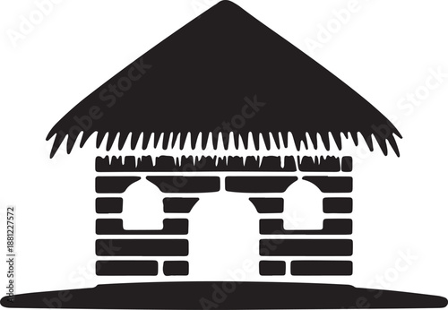 Simple black silhouette icon of traditional tropical hut structure with thatched roof and stone base