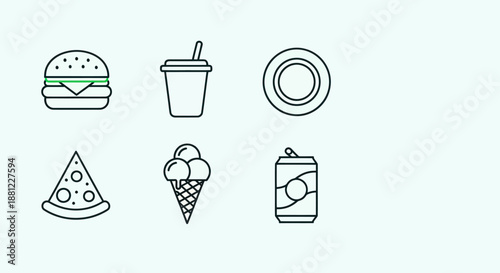 Iconic food and beverage set burger soda pizza ice cream and can