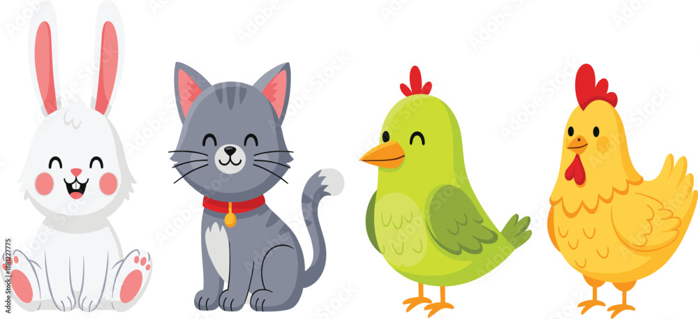 Naklejka premium Adorable Vector Illustration Set Featuring Cute Cartoon Rabbit Grey Cat Green Bird and Yellow Hen for Children Design.