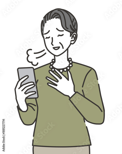 スマホを見て安心するシニア女性のイラスト