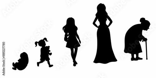 Icon set of Silhouettes of the Evolution of the Stages of Life of Women from Baby to Elderly