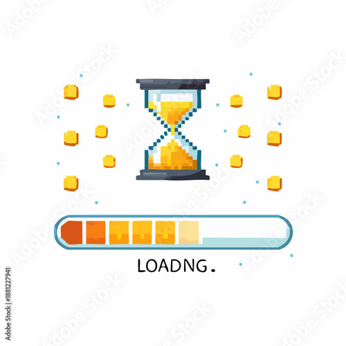 A loading icon featuring an hourglass with gold sand and a progress bar on a white background with a pixel art style and a sense of anticipation.