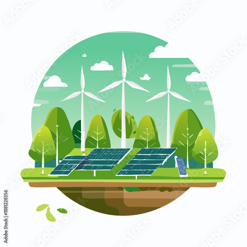 Renewable energy sources, including solar panels and wind turbines, on a green earth with lush trees from a bird's eye view