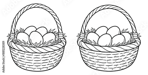 Hand drawn line art basket set featuring eggs nestled in hay for Easter celebration
