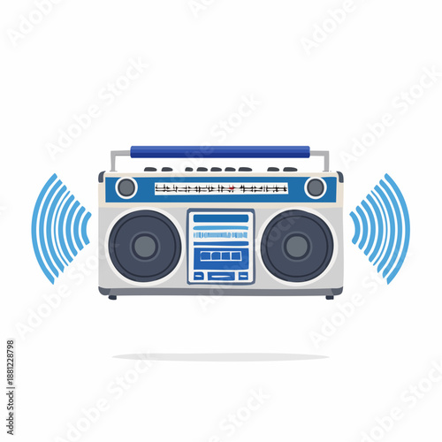 Illustration of a silver and blue boombox with sound waves emanating from it on a white background.