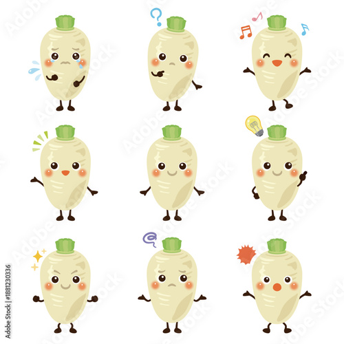 大根のキャラクター　表情セット／Cute Daikon Character Illustration – Expression Set