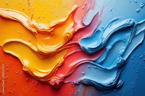 Vibrant brushstrokes of orange, red, and blue paint.