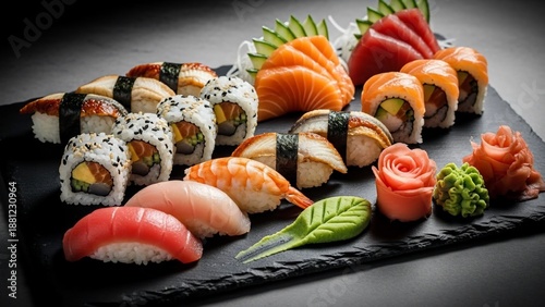 A beautifully arranged platter of assorted Japanese sushi and sashimi, featuring various rolls, nigiri, and raw fish slices.