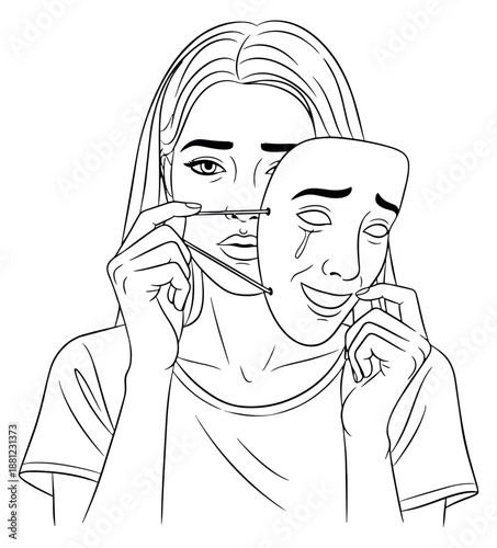 Hand drawn line art illustration of a woman holding a theatrical mask depicting hidden emotions and duality for mental health concepts