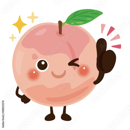 グッドサインを出す桃のキャラクターイラスト／Cute Peach Character Illustration Giving a Thumbs-Up