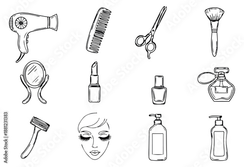 Hand drawn line art beauty and personal care set featuring various essential cosmetic and grooming items for spa and salon concepts