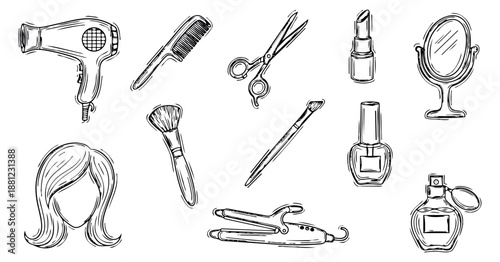 Hand drawn line art beauty and styling tools set featuring hair care equipment, makeup accessories, and personal grooming items for fashion, salon, and cosmetic themes