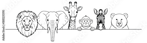 Hand drawn line art wild animal set featuring a lion, elephant, giraffe, monkey, zebra, and bear peeking for children's design and education