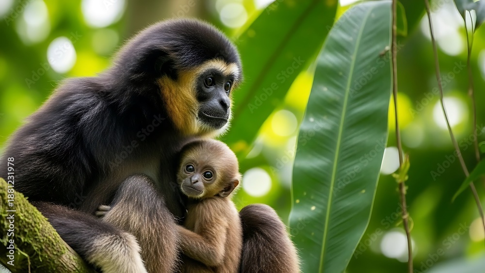 Obraz premium Monkey with Baby in Tropical Forest.