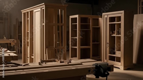 Woodworking workshop interior featuring unfinished wooden cabinets and workbenches, showcasing craftsmanship.
