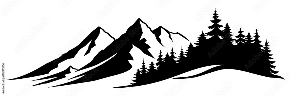 Obraz premium Silhouette mountain range and forest isolated on white background, vector design