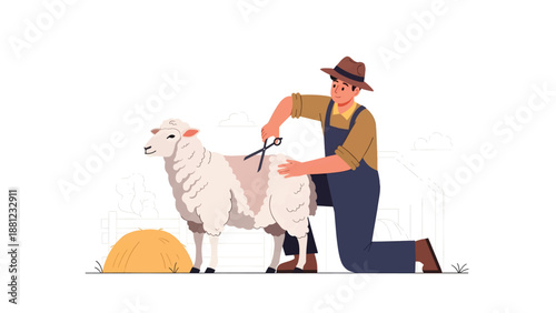 Farmer Shearing Sheep with Partially Shorn Wool Flat Vector Illustration