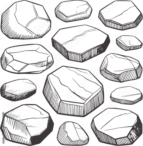 Collection of hand drawn stone shapes with hatching texture rock pebble natural
