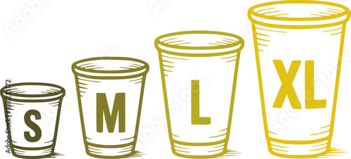 Four style cups in increasing size labeled S M L X L small medium large