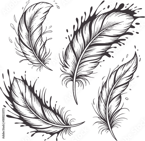 Four hand drawn of dark grey feathers with ink splashes quill