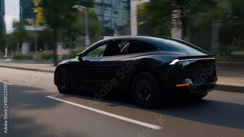 Sleek electric car black sedan luxury vehicle rear view with motion blur modern city street and urban road near glass building daytime light with green tree and aerodynamic design gliding through