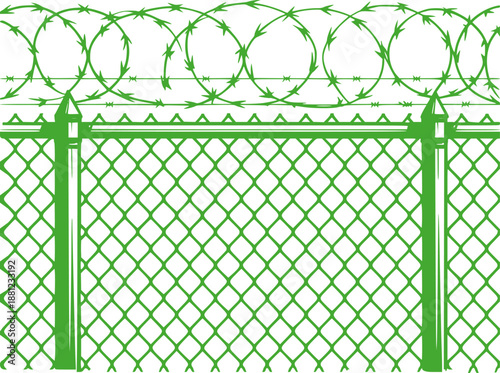 Green chain link fence with barbed wire topping