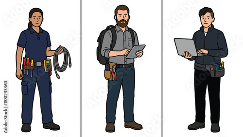 Technical Professionals Illustration: Diverse Skilled Workers with Tools, Cable, Tablet, and Laptop for Field Service