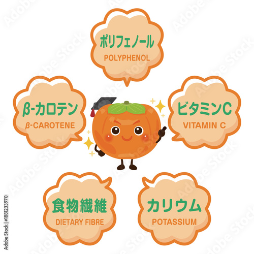 柿のキャラクターと柿に含まれる成分イラスト／Cute Persimmon Character Illustration with Nutrients