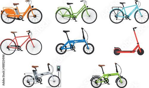 Colorful bicycle and electric scooter collection illustration, urban transport icons set, eco friendly mobility, flat vector design