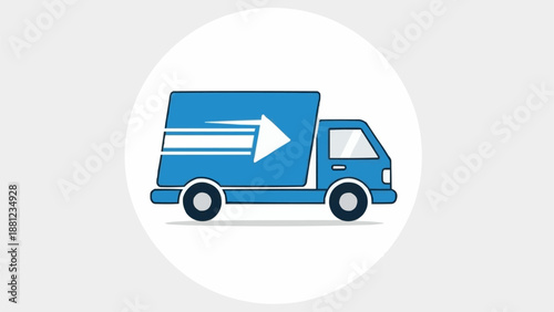 Blue delivery truck with play button symbol on side.