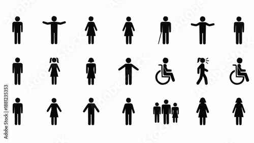 Collection of diverse human pictogram icons representing different people and accessibility.