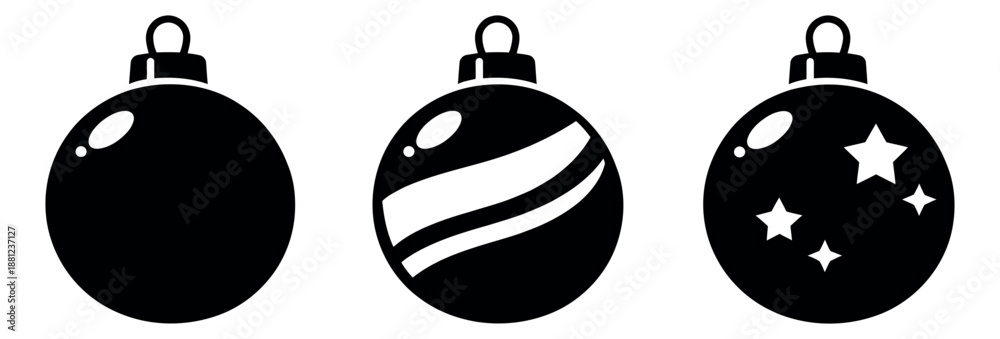 Fototapeta premium Simple graphic christmas ornament set featuring plain, striped, and star designs for festive holiday decoration