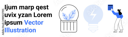 Renewable energy, ecological protection, innovative technology, sustainability, knowledge sharing, futuristic design. Glass terrarium, light bulb and person holding a tablet. Renewable energy