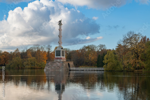 The Chesme Column in the center of the Great Pond in the Catherine Park of Tsarskoye Selo on a sunny autumn day, Pushkin, Saint Petersburg, Russia