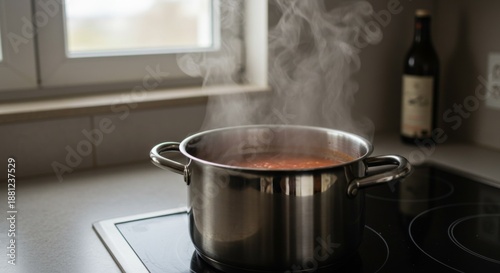 Steaming Red Soup in Stainless Steel Pot on Modern Stove