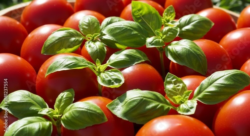 Ripe Red Tomatoes and Fresh Green Basil