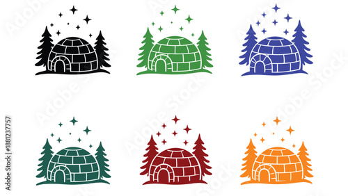 A colorful illustration of igloos in different colors and snow scene