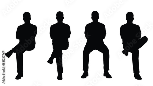 Four men in different sitting positions in black silhouette on white background