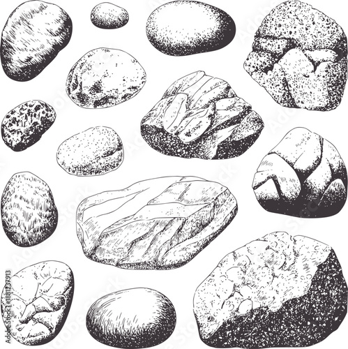 Detailed black and hand drawn of various smooth and rough textured stones rocks