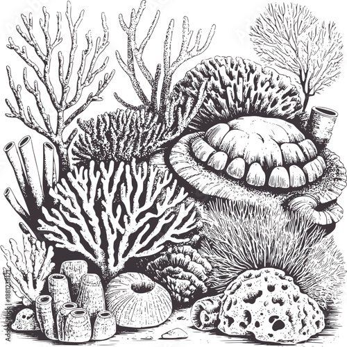 Detailed scientific of various coral and marine organisms