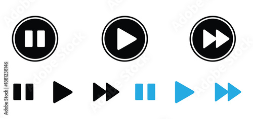 Media Player Icon Set - Vector Play, Pause, and Fast Forward Button Collection for Web and App UI,Set of Media player icons. Collection of multimedia symbols and audio, music speaker volume, interface