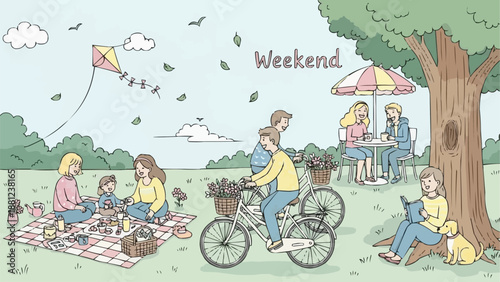 People enjoying a sunny weekend in the park with activities.