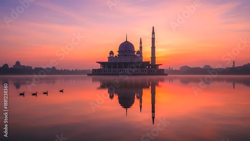 Mosque at Sunset on Serene Lake