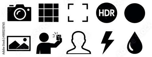 Minimalist photography icon set featuring camera, grid, selfie, flash, and HDR symbols for user interface and web design