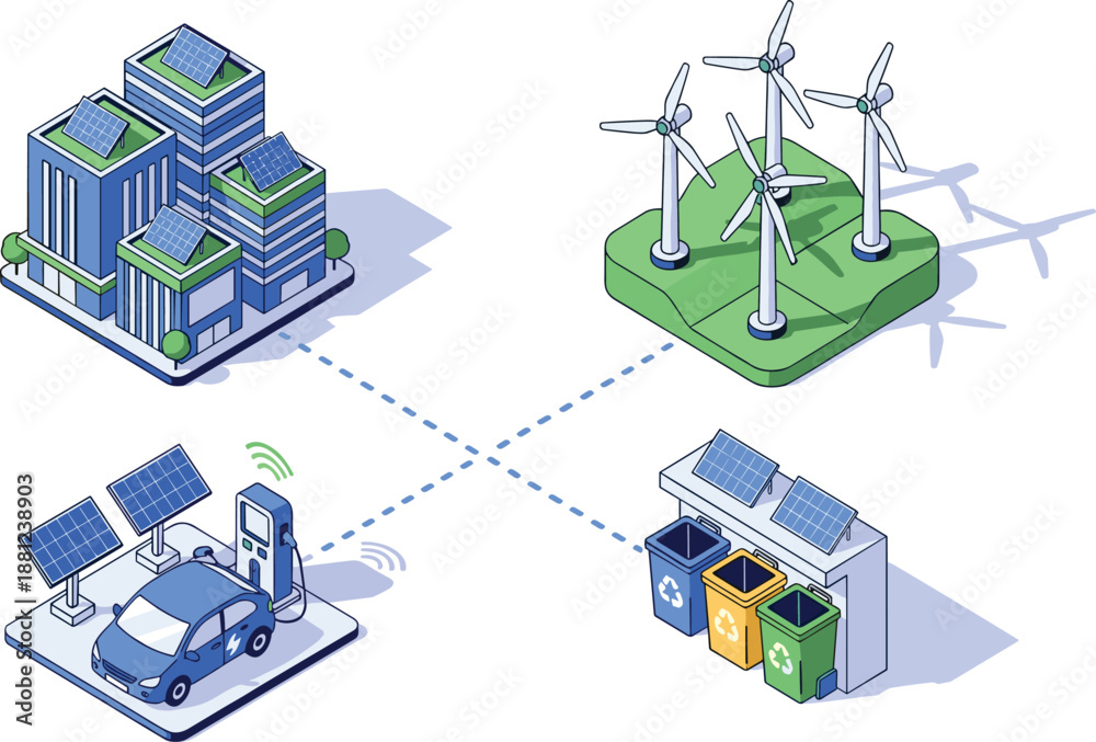 Obraz premium Clean energy smart city infographic illustration, solar buildings wind turbines electric vehicle charging recycling, sustainable future concept