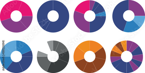 Colorful donut chart infographic set, circular pie charts collection, data visualization elements, business analytics statistics design