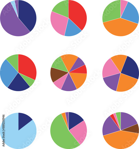 Colorful pie chart infographic variations, data visualization circle graphs collection, modern flat design analytics statistics for business reports isolated on white