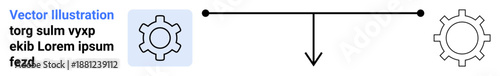 Gear connection representation with line linkage, central down arrow. Ideal for workflow, automation, process, mechanical concept, engineering, technology system, simple landing page