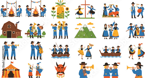Traditional folk festival illustration set with musicians dancers carnival scenes cultural celebration vector collection colorful rural heritage events art design